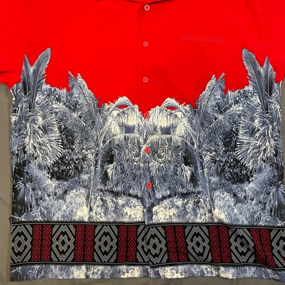 Vintage Southpole Mens XL Red Palm Tree Hawaiian Button Down Shirt Streetwear - Picture 5 of 9
